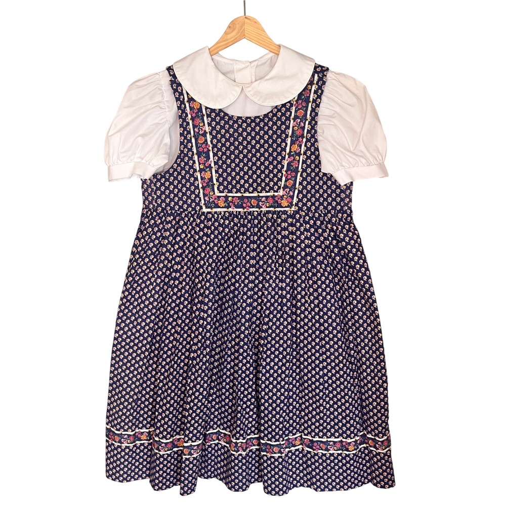 Vintage Vera Bradley Girls Floral Jumper Dress Blouse Set Navy Large Prairie